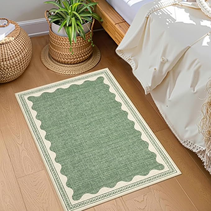 GarveeHome Scalloped Door Mat Indoor Rugs for Entryway Small Rug 2x3 Washable Non-Slip Solid Sage Green Modern Soft Low-Pile Throw Carpet for Bedroom Kitchen Bathroom Entrance