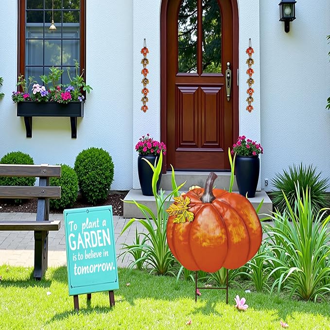 Veclotch Metal Pumpkin Garden Stake Outdoor Fall Decor, Decorative Pumpkin Yard Sign Outside Garden Lawn Décor for Autumn Harvest Thanksgiving Halloween Decoration (2)