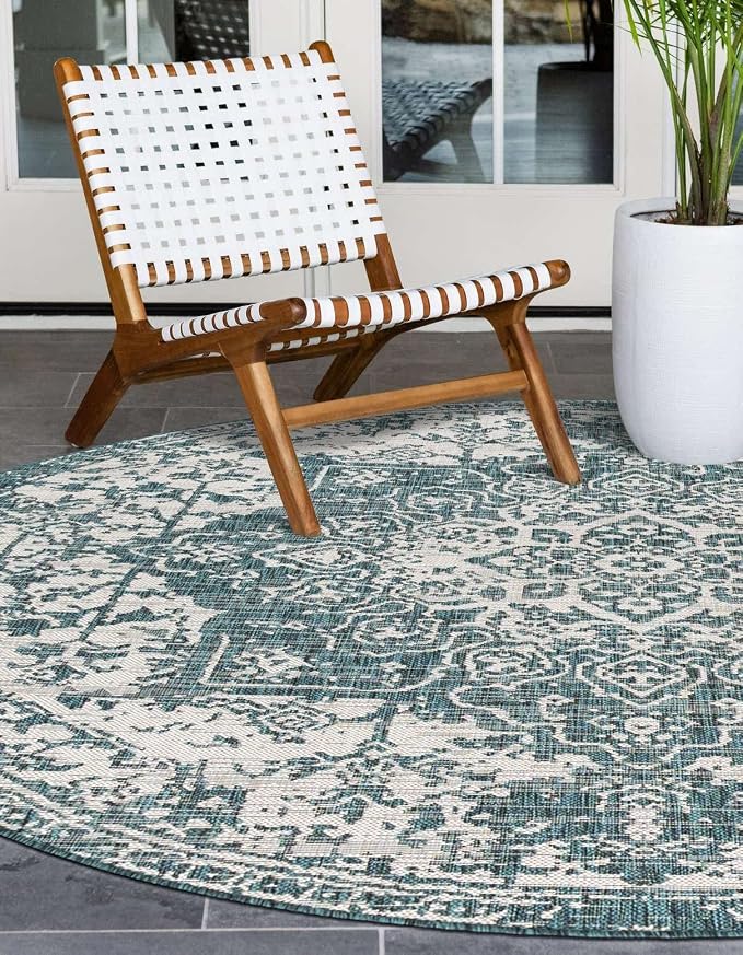 Jill Zarin Jill Zarin Outdoor Collection Area Rug - Dubai (13' Round, Teal/Ivory)