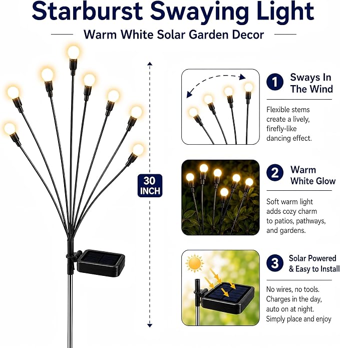 TONULAX Solar Garden Lights - Upgraded Solar Swaying Light, Sway by Wind, Outdoor Lights, Yard Patio Pathway Decoration, High Flexibility Iron Wire & Heavy Bulb Base, Warm White (4 Pack)