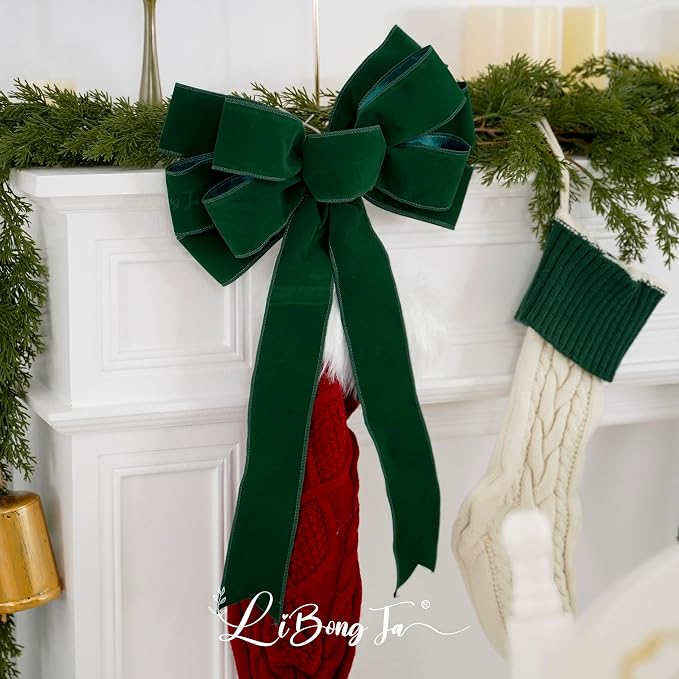 13" Green Pre-Tied Bow for Christmas Tree, Dark Green Velvet Ribbon Bow for Wreaths, Tree Toppers, Premade Gift Bows for Party Favor, Christmas Home Indoor Outdoor Decor-1 Counts