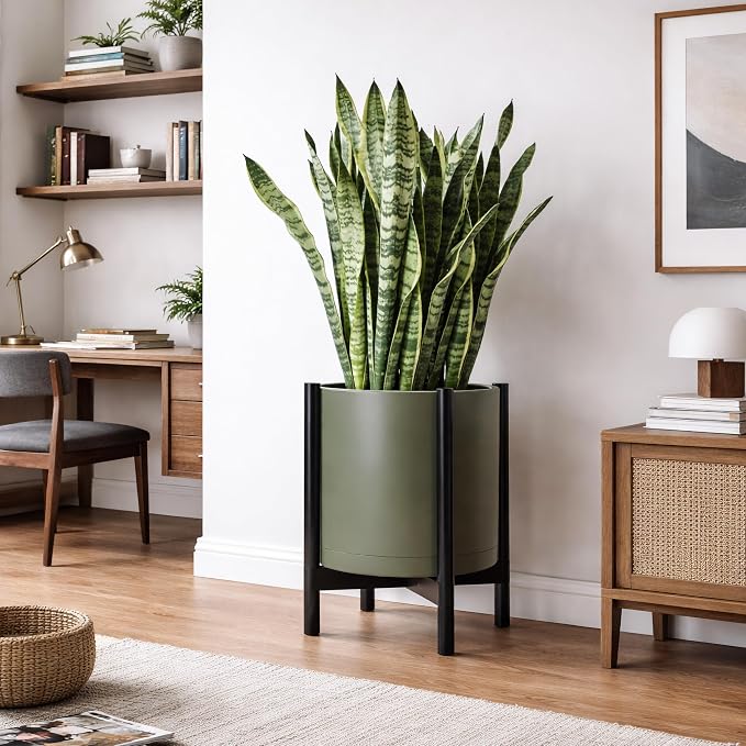 D'vine Dev Planter Pot with Stand - 16 Inch Plastic Cylinder Flower Pot with Wood Planter Holder for Indoor, Olive Pot + Ebony Stand, 55-C-Z-3