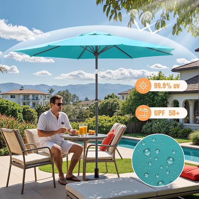 Outdoor Patio Umbrella, Table Umbrella with Push Button Tilt and Crank, 8 Ribs Market Umbrella