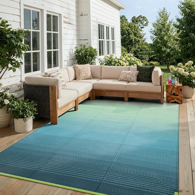 Lahome Outdoor Patio Rug Waterproof 6x9,Plastic Straw Rug Reversible,Large Porch Carpet Floor Decor,Portable Outside Camping Mats for Picnic Balcony Tent Deck, Blue-Green 6x9