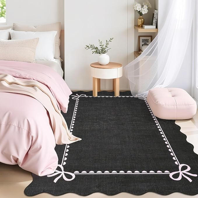 GarveeHome Scalloped Bow Rug 3x5 Washable Rug for Living Room, Black Pink | Non Slip Soft Low Pile Indoor Carpet for Nursery Girls Bedroom Decor Hallway Kids Room College Dorm Playroom
