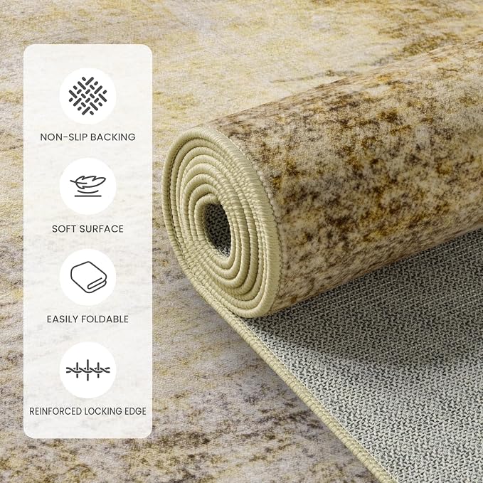 4x6 Vintage Distressed Abstract Area Rug: Machine Washable, Non-Slip | Stain Resistant Low-Pile Carpet, Pet and Kid Friendly TPR Back Rugs for Living Room Bedroom Indoor Home Decor, Golden Fall