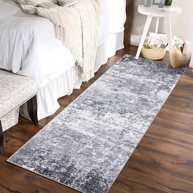 ROYHOME 2x6 Modern Abstract Runner Rug, Light Grey | Non Slip Soft Rug Stain Resistant Rugs Low Pile Non Shed Machine Washable for Hallway Kitchen Bathroom