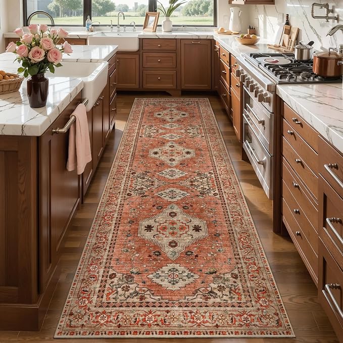 Tangsoo Boho 3x8 Washable Runner Rugs for Hallway, Runner Rug Non Slip | Vintage Soft Low Pile Long Rug Runner, Oriental Terracotta Indoor 8ft Carpet Runners for Kitchen Bedroom Entryway Living Room