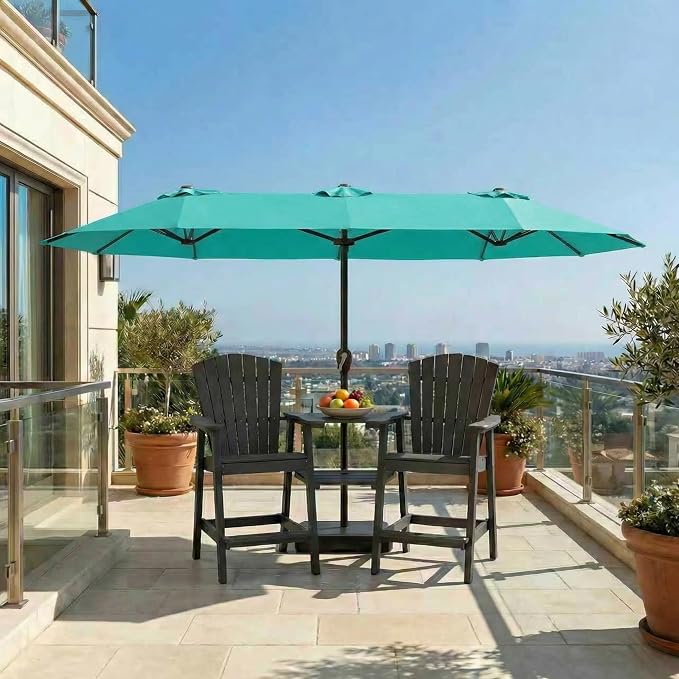 15FT Large Patio Umbrella with Base Included, Double Sided Outdoor Market Umbrella with Flexible Fiberglass Ribs, UV-Blocking Extra Large Umbrella for Garden, Pool, Deck, Turquoise Blue
