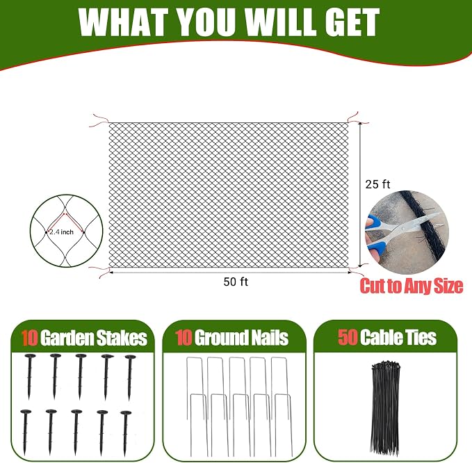 CITOOTY Bird Netting for Chicken Coop Run, 25x50 Ft Heavy Duty Poultry Netting with 2.4" Mesh, UV Resistant Black Net Garden Netting for Fruit Trees, Vegetable Plants, and Yard Protection