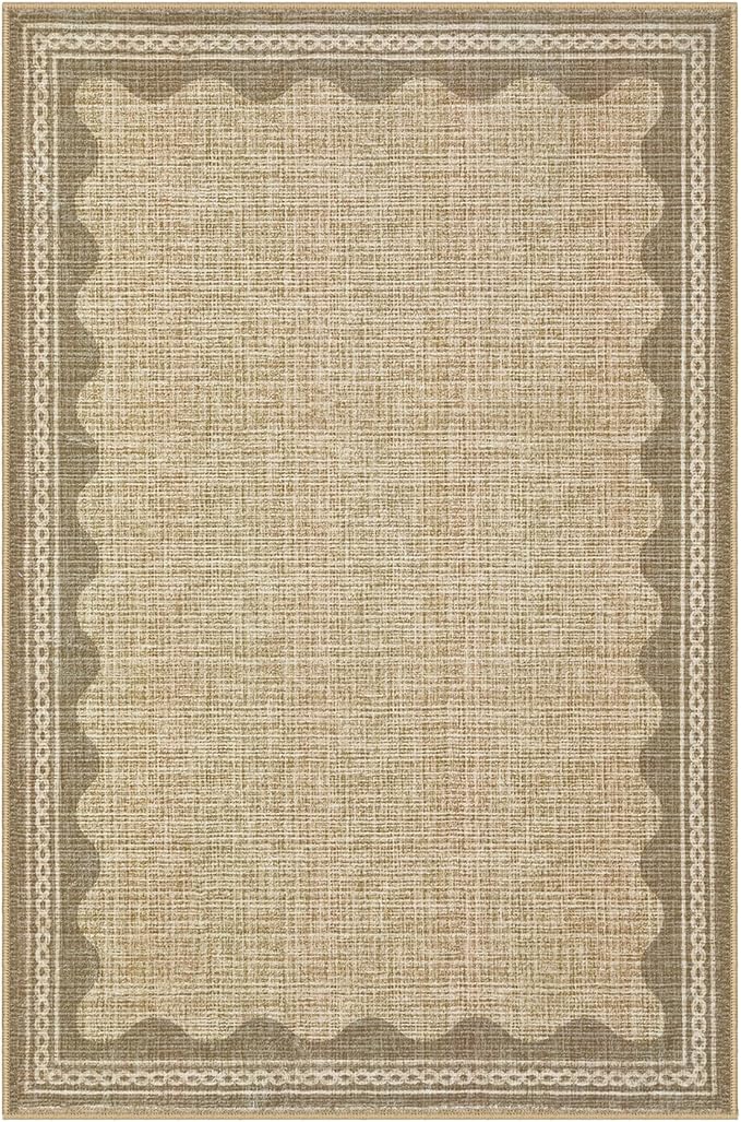 GarveeHome Scalloped Tan Washable Rugs 10x13 Rug for Living Room Non-Slip Solid Jute Modern Minimalism 10 x 13 Rug Low-Pile Carpet for Bedroom Dining Nursery Mat with Rubber Back