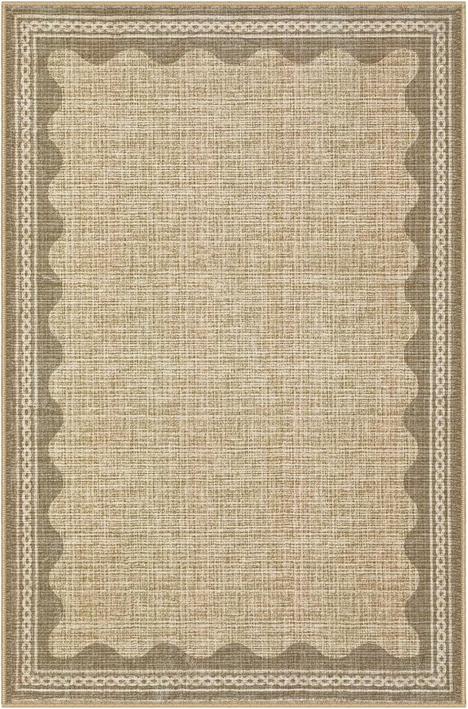 GarveeHome Door Mat Indoor Rugs for Entryway Scalloped Solid Tan Jute Digital Printing Small Rug 2x3 Washable Non-Slip Modern Soft Low-Pile Carpet for Bedroom Kitchen Entrance