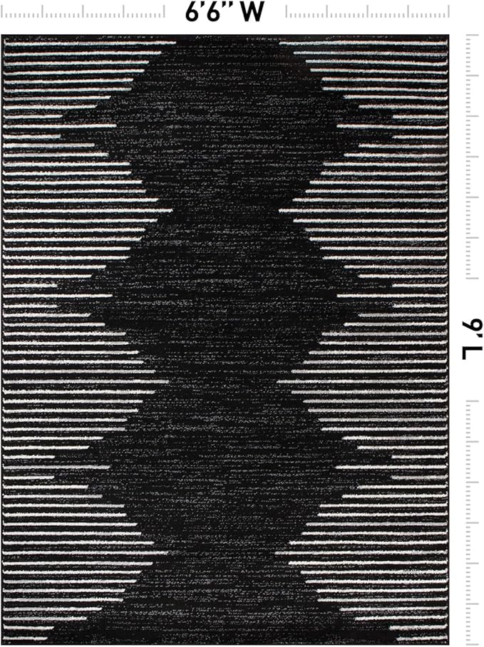 Rugshop Bohemian Stripe Stain Resistant Area Rug Black 6'6" x 9' | High Traffic, Rectangular, Size 6'6" x 9', Living Room, Bedroom, Dining Room, Home Office, Kitchen, Entryway, Hallway