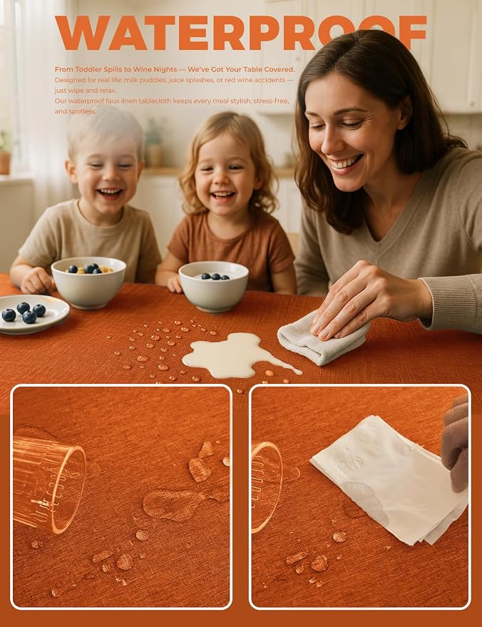 Decorelia Waterproof Faux Linen Rectangle Tablecloth, Spillproof Wrinkle Free Outdoor Reusable Table Cloth for Patio, Holiday, Banquet, Party, Buffet Dinner (Oblong,60 x 120 Inch (10-12 Seats), Rust)