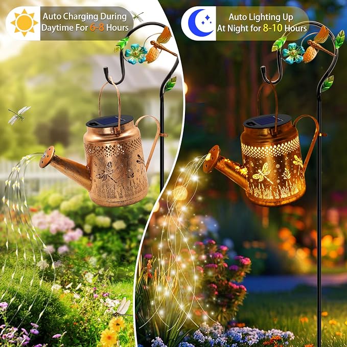 Solar Lights Outdoor Garden Decor, Dragonfly Hanging Watering Can Landscape Lights Waterproof Yard Decorations for Outside Porch Patio Backyard, Gardening Gift for Mom Grandma Women Birthday