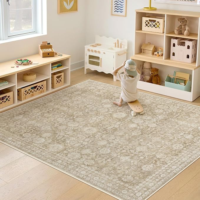 6x9 Area Rugs for Living Room: Washable Vintage Floral Rug Low Pile Non-Slip Boho Carpet for Nursery Bedroom Dining Room (Brown, 6'x9')
