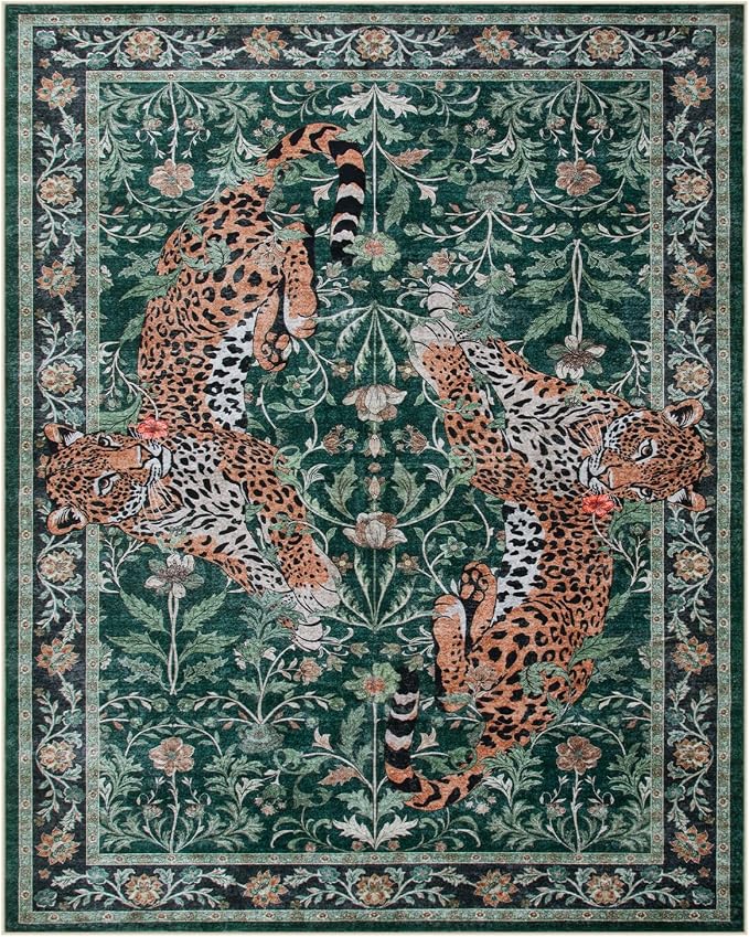 Moynesa Leopard Washable Rugs, 8x10 Area Rugs for Living Room, Soft Large Jaguar 8x10 Bedroom Rug, Non Slip Ultra Thin Floor Carpet for Dining Room Home Office, Green