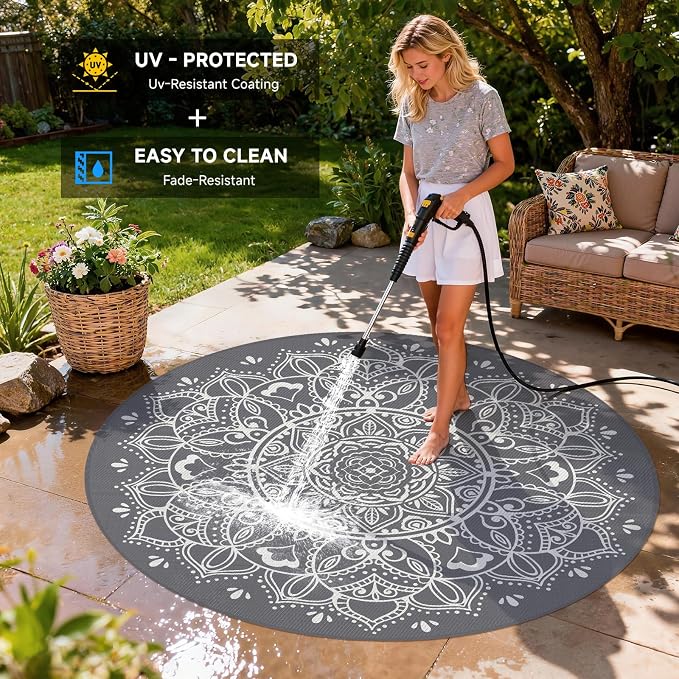 Pauwer Waterproof Outdoor Rug 8ft, Reversible Plastic Straw Patio Camping Rug, Indoor Outdoor RV Mat Carpet for Deck, Camper, Porch, Balcony, Backyard, Picnic, Floral Grey
