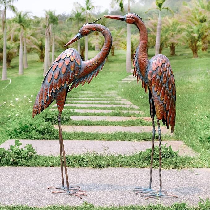 Kircust Outdoor Metal Crane Statues, Heron Sculptures for Garden Yard | Bronze 27.56" Tall, Set of 2 Heron Sculptures, Weatherproof, Patio Decor, Art