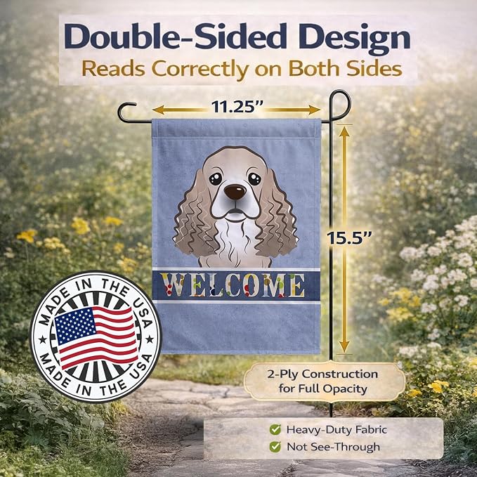 Caroline's Treasures BB1402GF Cocker Spaniel Welcome Garden Flag, Blue Mailbox Flag Decorative Yard Flag Banner Outside Patio Artwork Yard Flower Beds, Garden Size, Multicolor