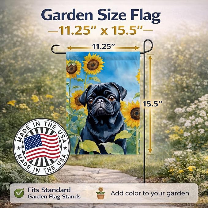 Caroline's Treasures DAC6144GF Pug in Sunflowers Garden Flag Mailbox Flag Decorative Yard Flag Banner Outside Patio Artwork Yard Flower Beds, Garden Size, Multicolor