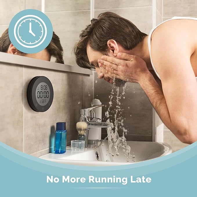KADAMS Shower Clock Waterproof Bathroom Timer – Digital Wall Clock with Countdown, Magnetic Kitchen Clock with Temperature & Humidity, Suction Cup for Kids Shower Spa Cook Bath (Matte Black)