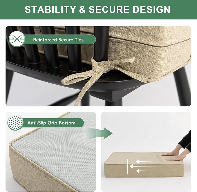 Summsun Outdoor Chair Cushions Set of 4, Faux Linen Patio Furniture Cushions, Water Resistant Backrest and Seat Cushion Set with Ties, Removable Cover, Non-Slip Bottom, 19 x 19 Inch, Nature