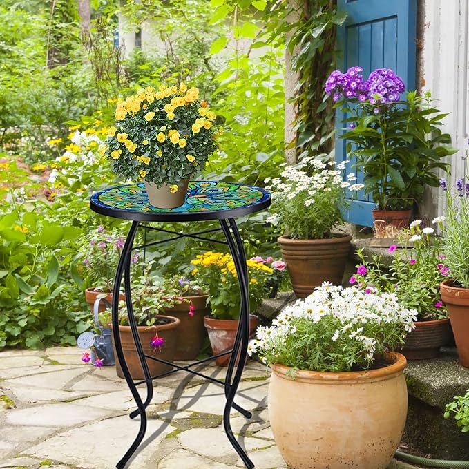 VCUTEKA Patio Side Table Outdoor Accent Table Bistro Coffee Table Plant End Table Small Porch Table Indoor Round Glass Balcony Plant Table Stands Peacock