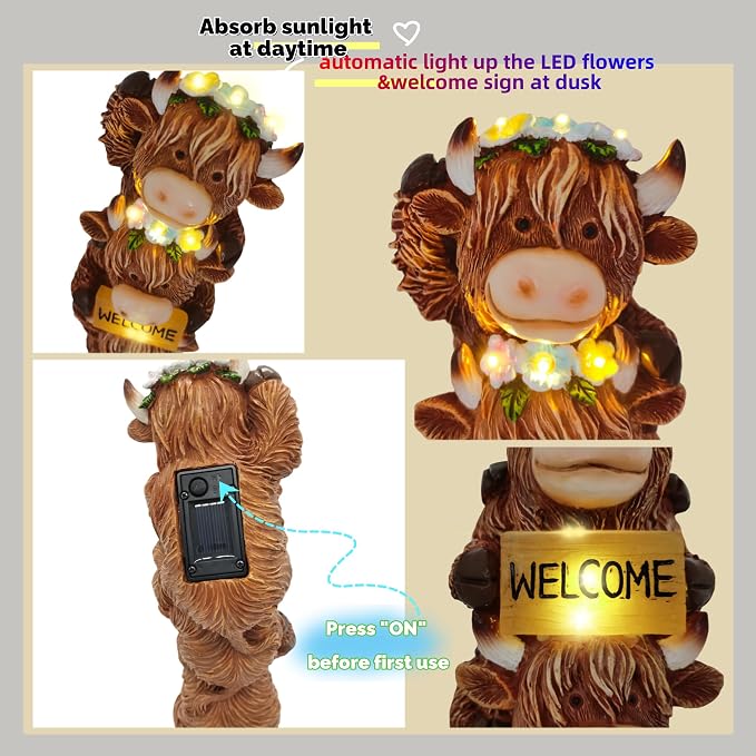 12 Inch Highland Cow Statue Solar Outdoor Decor for Yard Patio Front Door, Farmhouse Porch Decoration Animal Cattle with Led Welcome Sign Flowers Light, Home Ornaments for Outside, Mom's Gifts