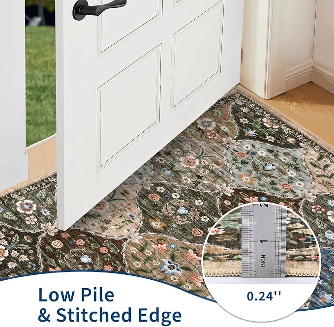 ROYHOME Runner Rug Trellis Floral Washable Hallway Runner Rug 2' x 6' | Stain Resistant Non-Slip Distressed Floral Runner Entrance Carpet for Bedroom Laundry Kitchen Entryway, Taupe/Brown