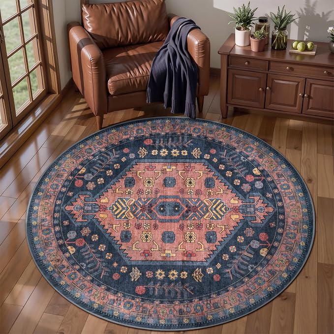 Ciicool 3ft Round Small Area Rug for Entryway,Circle Navy Mat | Washable Soft Non-Slip Low-Pile Oriental Indoor Mat Boho Entry Carpet for Entryway Bedside Living Room Laundry Bathroom