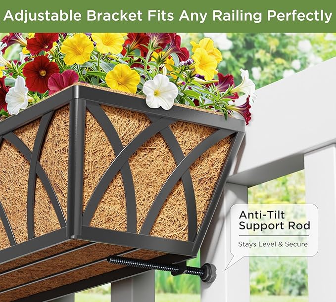 HFHOME 4 Pcs 30" Deck Railing Planter Box with Horse Trough Coco Liners, Black Window Box Hanging Flower Planters Baskets for Indoor, Outdoor, Balcony, Porch, Fence, Patio, and Lawn