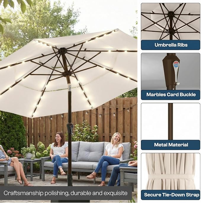 10ft 3-Tier Patio Umbrella with 32 Solar Powered LED Lights, Windproof Outdoor Market Umbrella for Deck, Poolside & Garden, Sturdy Push-Button Tilt Table Umbrella, Creamy White