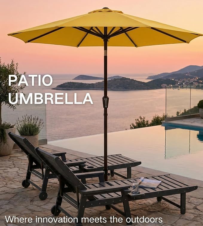 PatioKingdom 9FT Patio Outdoor Umbrella-UPF 50+ Sun Shade with Wind Vent, Push-Button Tilt & Smooth Crank Lift, Rust-Resistant Fiberglass Frame for Garden, Backyard,Yard (Yellow)