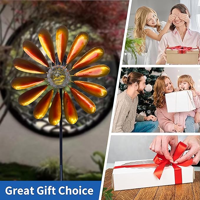 44.48in Orange Solar Daisy Wind Spinner, Metal Stake with Warm White LED Globe Lights