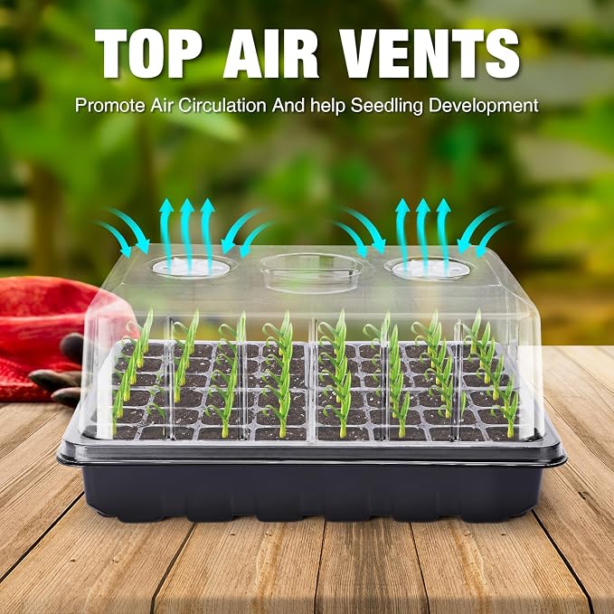 Delxo 144 Cells Seed Starter Kit 3 Pack Large Seedling Starter Tray Total with Humidity Domes - Adjustable Vents & Deep Base Germination Kit for Indoor Gardening - Includes 10 Tags & Tools