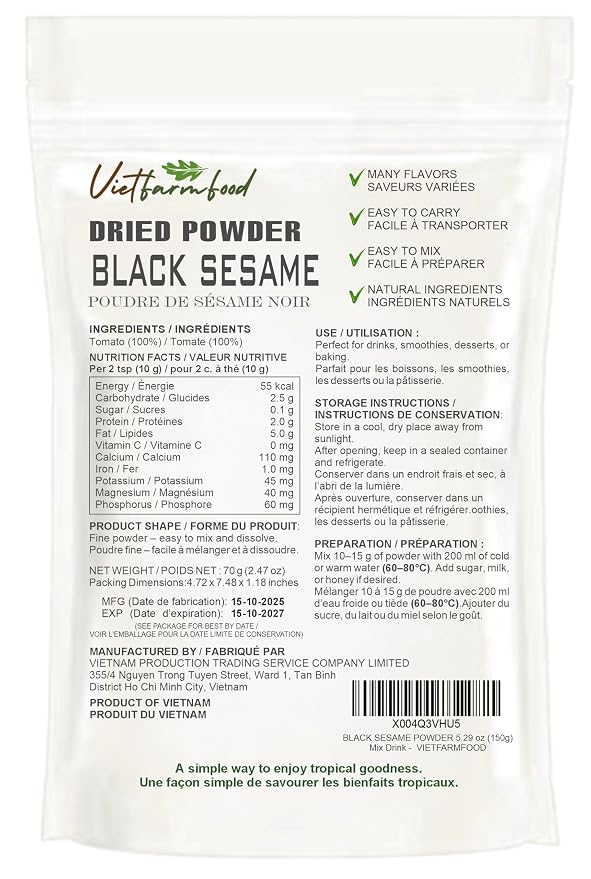 BLACK SESAME POWDER 5.29 oz (150g) VIETFARMFOOD: Pure freeze-dried vegetable powder, made from real vegetables with no added sugar - Perfect for daily nutrition to keep your body full of vitality
