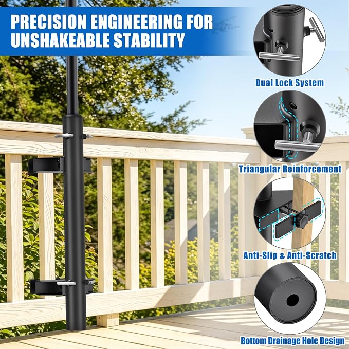 KingDolly No-Drilling Patio Umbrella Holder for Deck Railing with Space-Saving Design, Heavy Duty Deck Umbrella Mount - Fits 1"-1.9" Umbrella Poles, Adjustable Clamp on Umbrella Holder for Deck