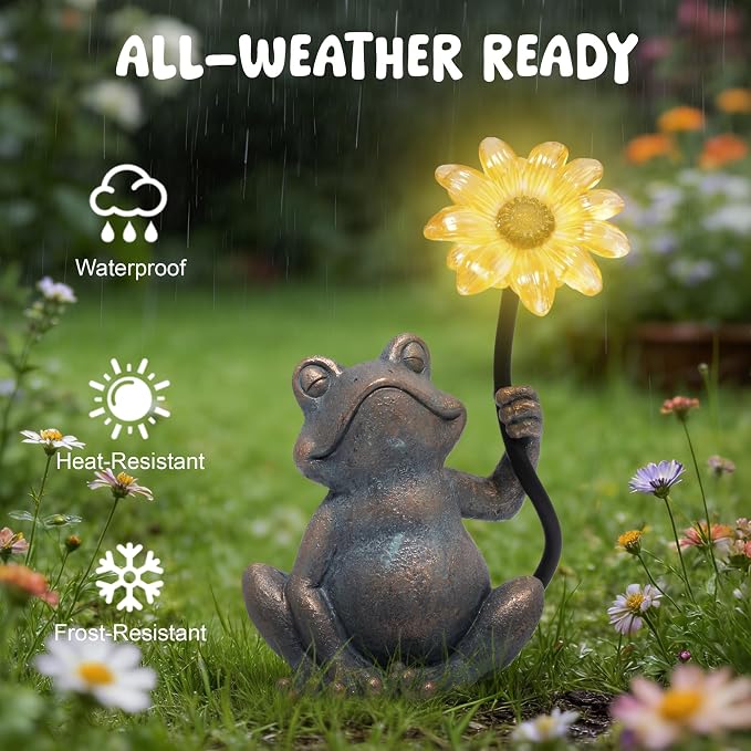basen Solar Frog Statue with Glowing Sunflower Light, Outdoor Garden Frog Figurine Decor for Yard Lawn Patio, Resin Solar Animal Sculpture with LED Light for Garden Landscape, Gift for Mom Grandma