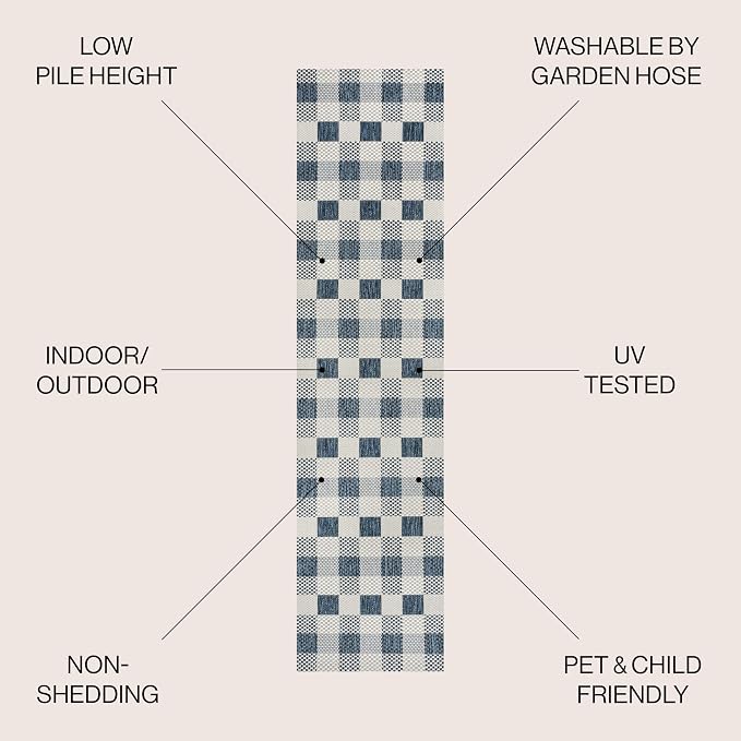 JONATHAN Y Geometric Bold Gingham Indoor Outdoor Runner Rug 2X8 Navy/Cream, Darcy Traditional for Backyard, Patio, Porch, Easy-Cleaning, High Traffic, Pet-Friendly, Non-Shedding (TSN201C-28)