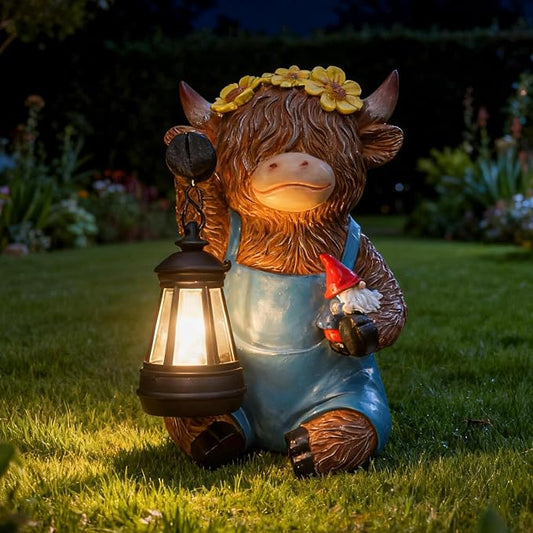 Solar Highland Cow Gnomes Garden Decorative Statue - Resin Solar Lights Cows Figurine Yard Outdoor Decor with Detachable Lantern, Animal Figurines Balcony Ornaments, for Women/Mom