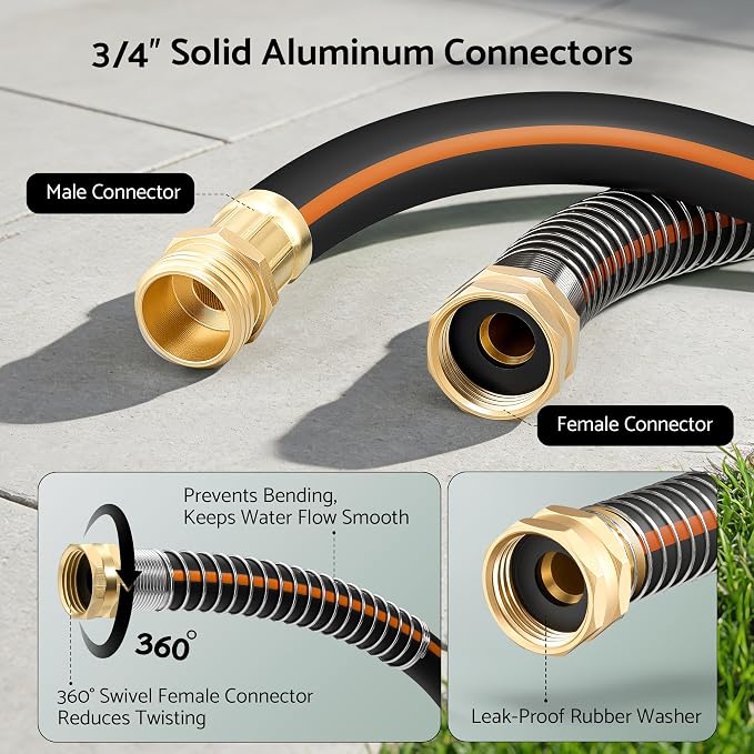 Heavy Duty Garden Hose 50 ft x 5/8", 5-Layer Hybrid Rubber Water Hose with 3/4" Swivel Brass Male to Female Fittings, 1000 PSI Burst, No-kink for Lawn, Backyard, Black & Orange