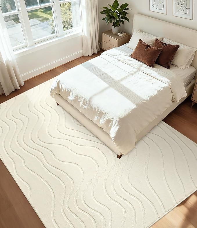 8x10 Abstract Wave Striped Area Rug, Modern Washable High-Low Pile Rug, Soft Textured Carpet for Living Room, Bedroom,Dining Room, Beige Ivory White