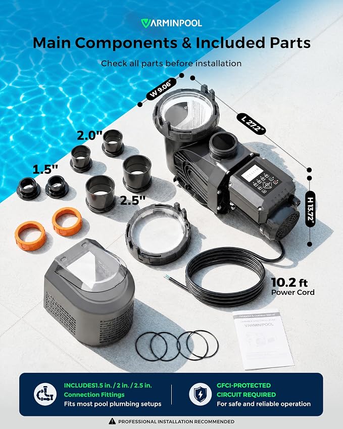 1.8 HP Variable Speed Pool Pump for Above & Inground Pools, Up to 9114 GPH, 220V Inverter Pool Pump with Permanent Magnet Motor, Energy Efficient, Saltwater Compatible