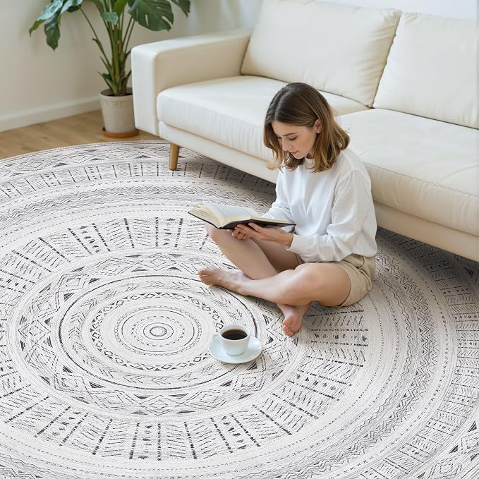 cotiled 8x8 Round Rug 8ft Circle Living Room Boho Area Rugs | Solve Modern Neutral Trendy Home Decor - Washable Foldable Indoor Carpet for Bedroom Home Office Dark Grey