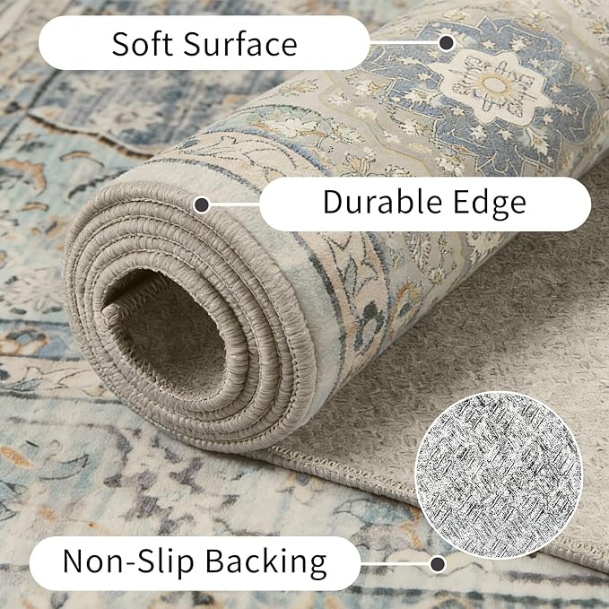 Vintage Farmhouse 8x10 Washable Rug | Non-Slip, Stain Resistant, Low-Pile Carpet for Living Room, Dining Room, Bedroom, Office, Grey Green