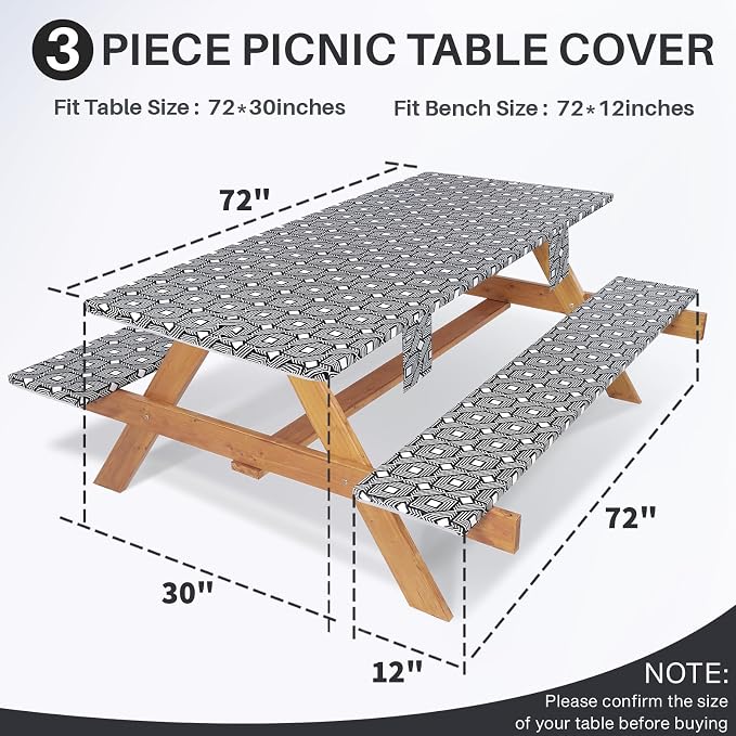 Jobunai Picnic Table Cover with Bench Covers Elastic Waterproof Vinyl Tablecloth for 6 Foot Rectangle Tables Camping Rv Roadtrip Hiking Car Items for Tent Campers Gift for Teenage Boys Girls Sister