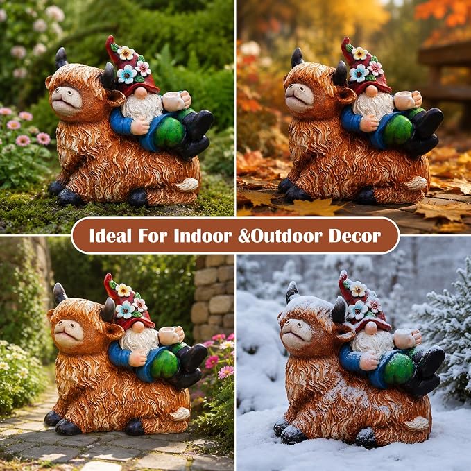 Pohabery Garden Gnomes Decor Outdoor Statues, Gnome on Highland Cow with Solar Cup Light, Patio Yard Decor, Gift for Mom Women Garden Lovers（M
