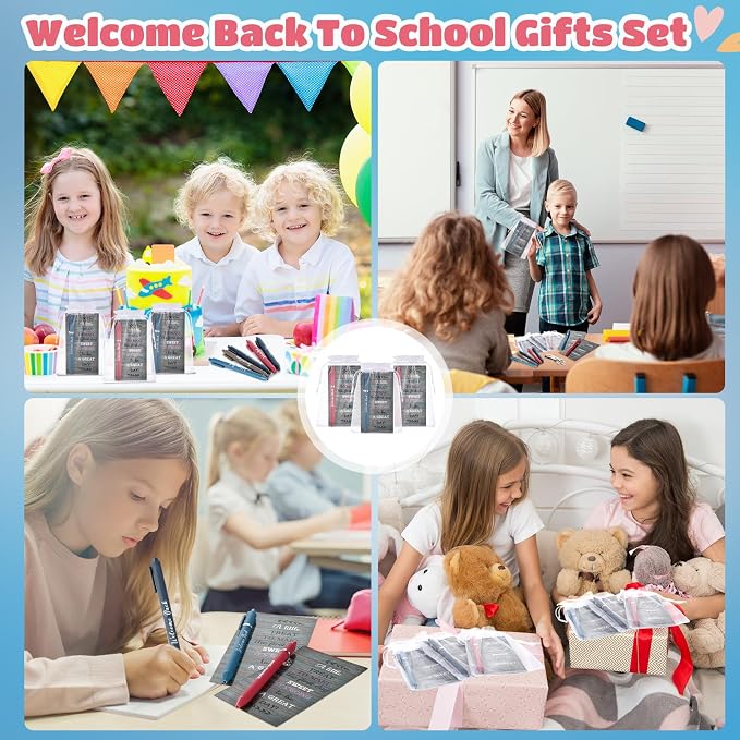 Marspark 30 Set Rustic Wood Welcome Back to School Gifts Bulk Ballpoint Pens and Greeting Cards Set with Bags Twist Ties First Day of School Gifts for Teacher Student Classroom Party Favors Supplies
