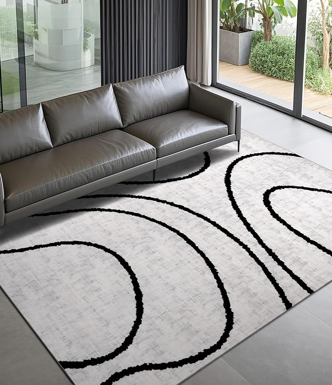 Modern Area Rugs for Bedroom,5x7 Washable Black and White Rug, Thin Abstract Geometric Minimalist Striped Rug, Black Rugs for Bedroom,Kitchen,Dining Room Office